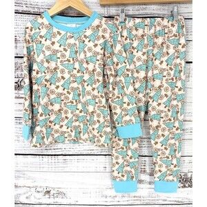 Boutique Girls Tree Holiday Christmas Neutral Pajama Set Size 6-7 Blue